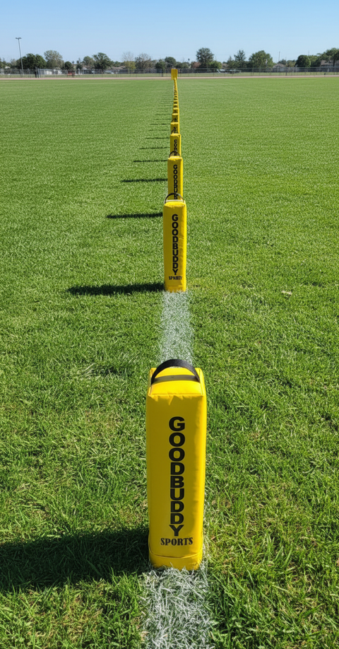Marker Posts Along White Line on Grass